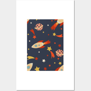 Retro Rocketship Racers repeat pattern on dark blue background Posters and Art